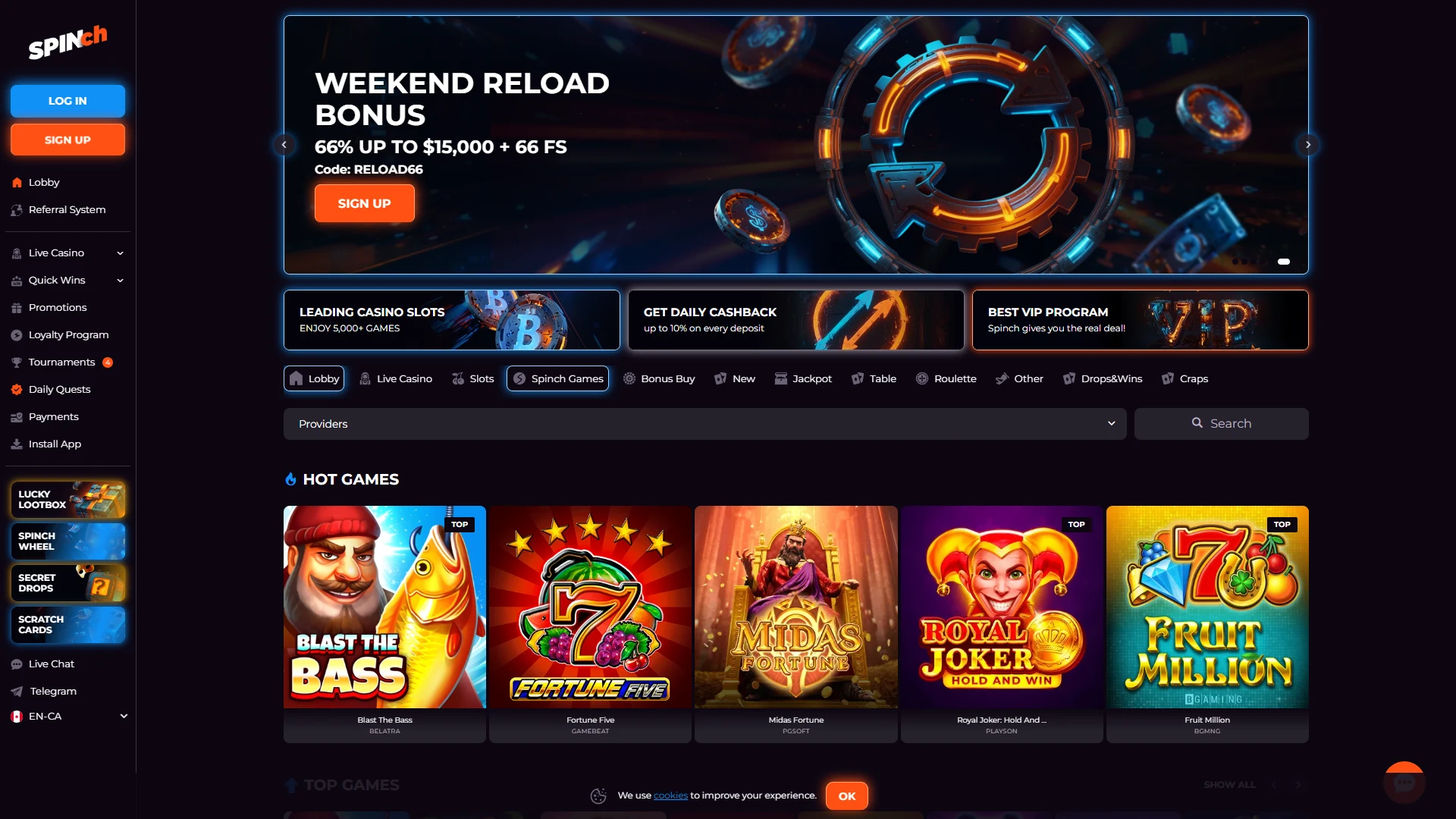 Spinch casino lobby on desktop