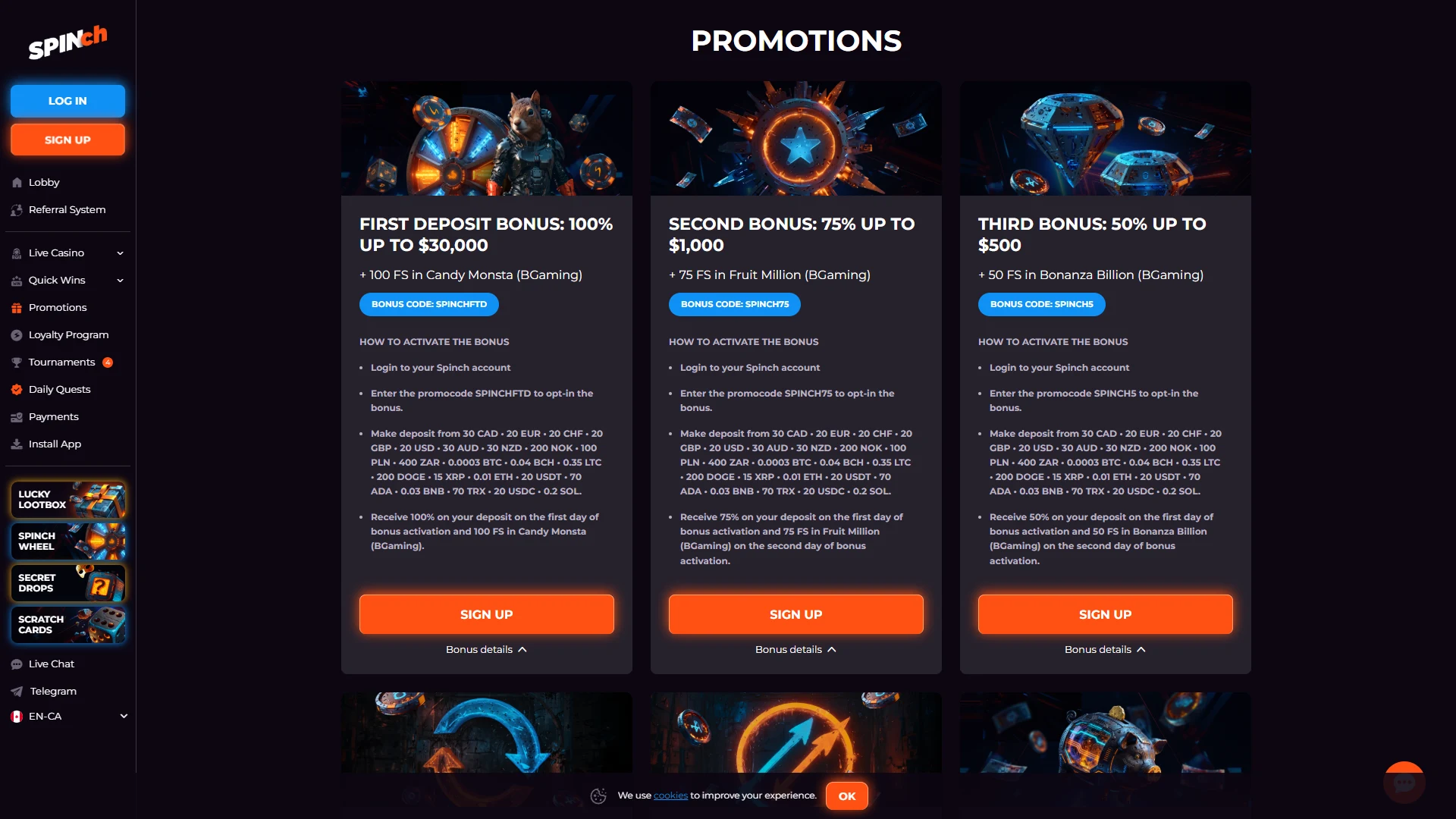 Current Spinch bonus offers